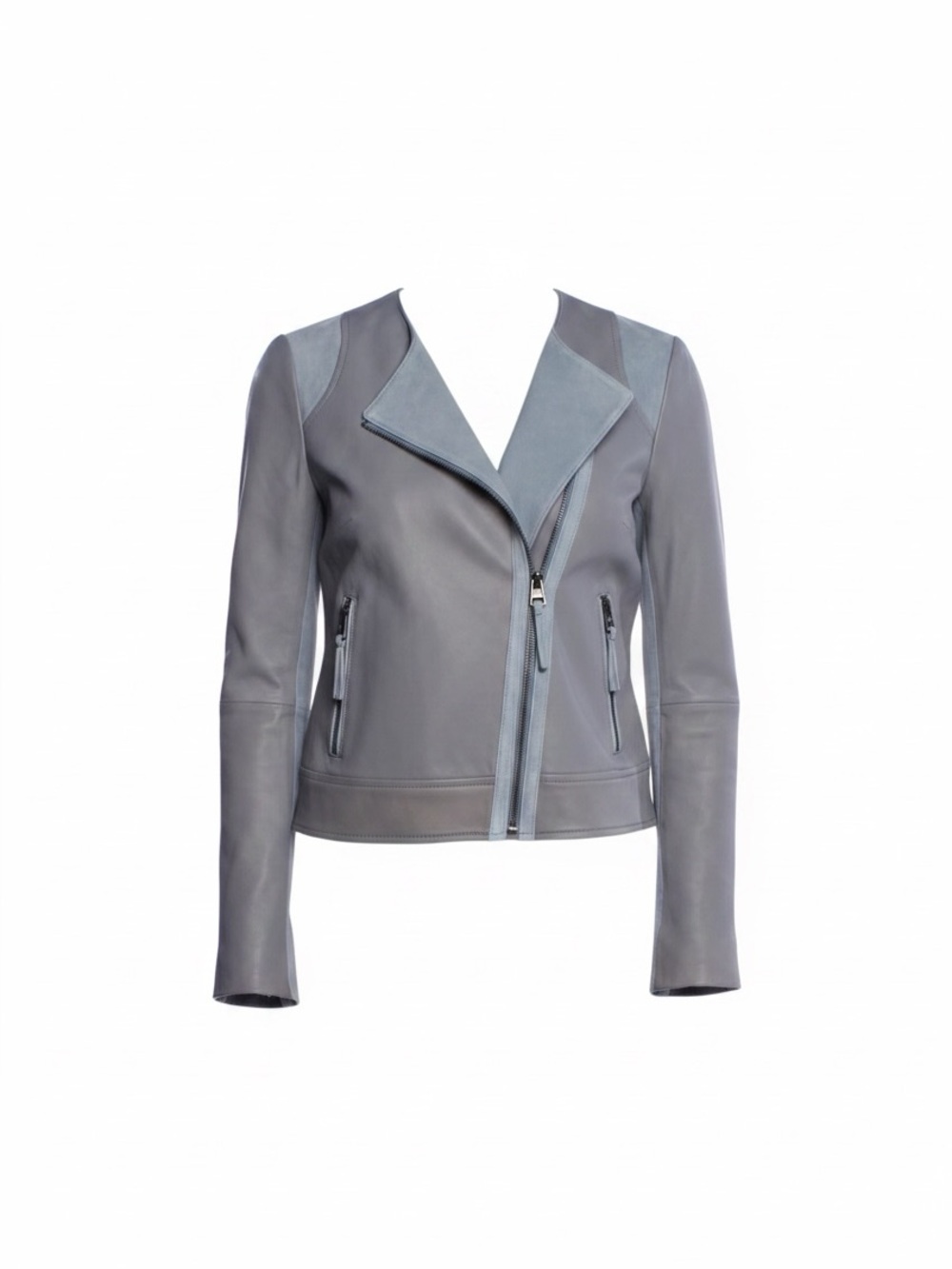 Grey and blue Leather and suede  Zip Jacket